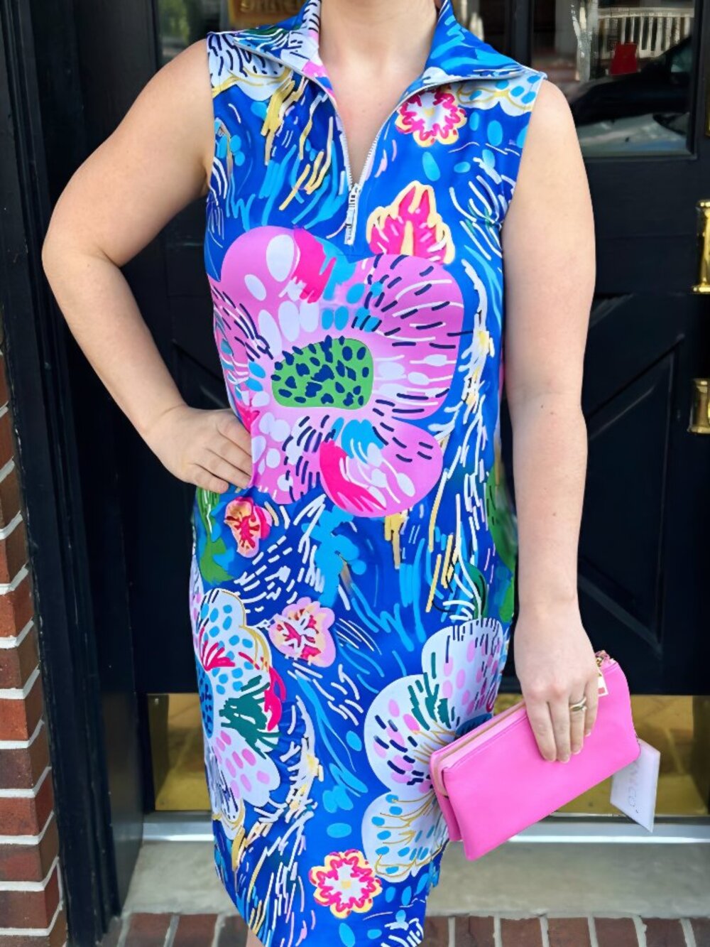 TANGO MANGO QUARTER ZIP COLLARED FLORAL SLEEVLESS DRESS, UPF50 SIZE M